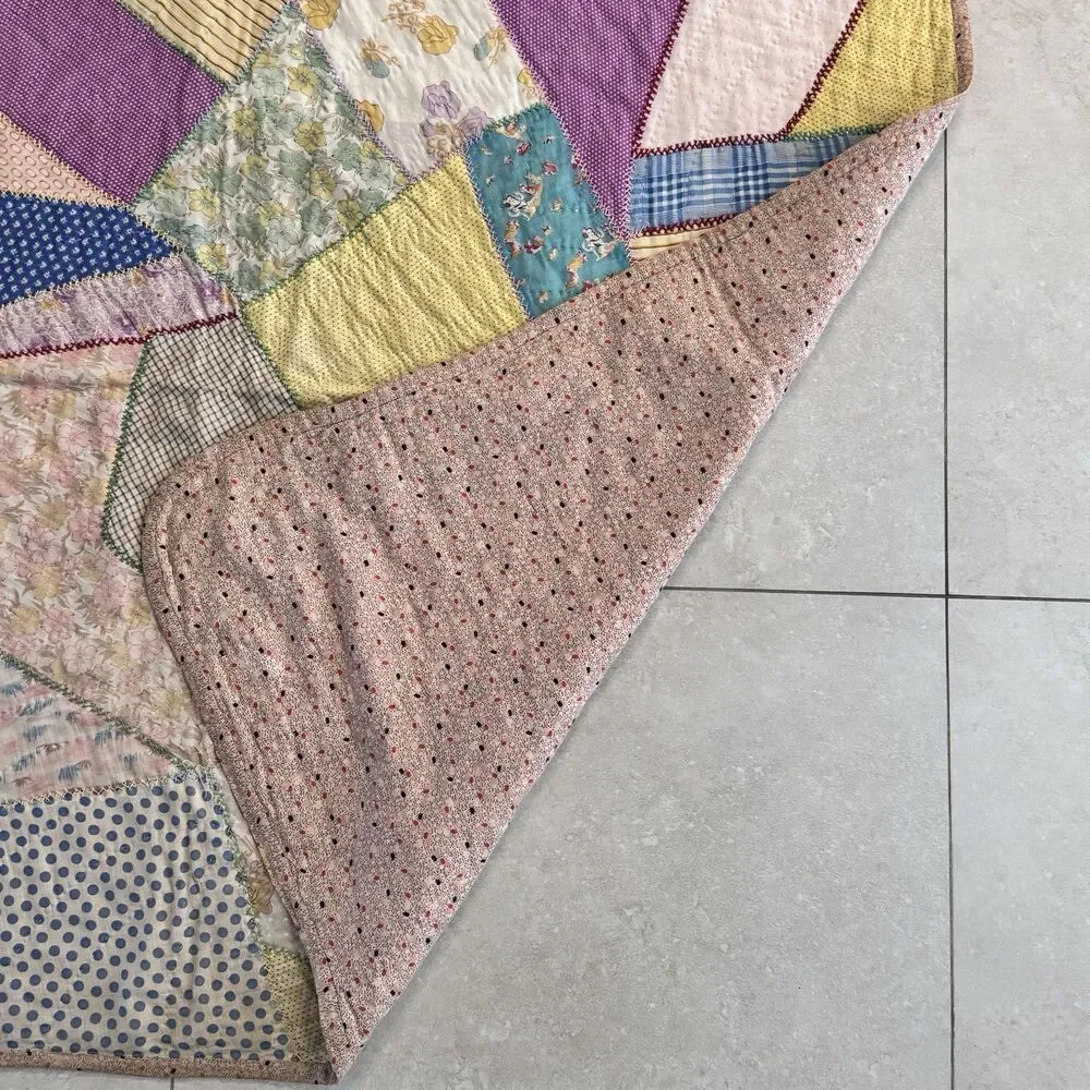Vintage Abstract patchwork quilt Blue Pink Yellow Red Green Thin 69”x80” Read